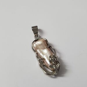 Vintage Pink Pearl Baroque Pendant with Silver Floral Setting